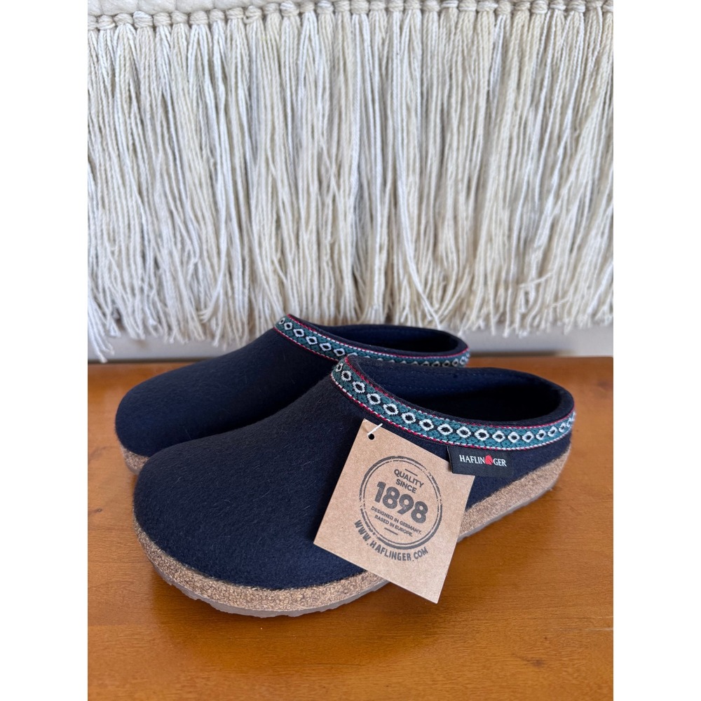 Haflinger GZ Grizzly Franzl Navy Blue Felted Wool Forest Green Trim Clogs Size 6